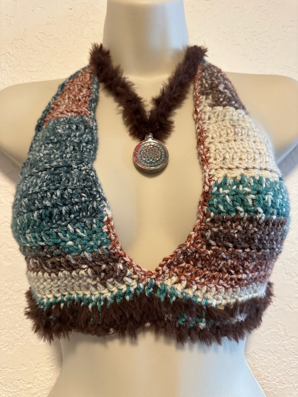 Handmade Teal/Tan/Browns Crochet Halter CropTop wFaux Fur Trim&attchd neck piece